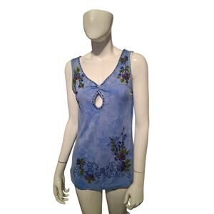 Y2K Krista Lee‎ Embroidered Womens Size S Beaded Keyhole Laser Cutt Beaded Tank